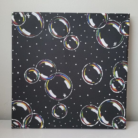 Handmade 12"x12" painted black rainbow bubbles canvas - Picture 1 of 1